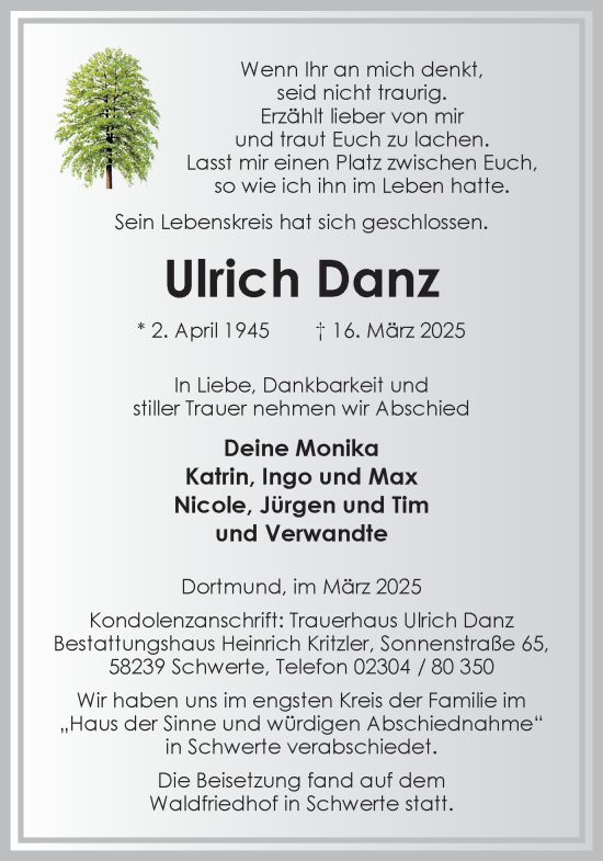 Traueranzeige von Ulrich Danz von Ruhr Nachrichten