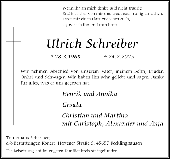 Traueranzeige von Ulrich Schreiber von Trauer Vest