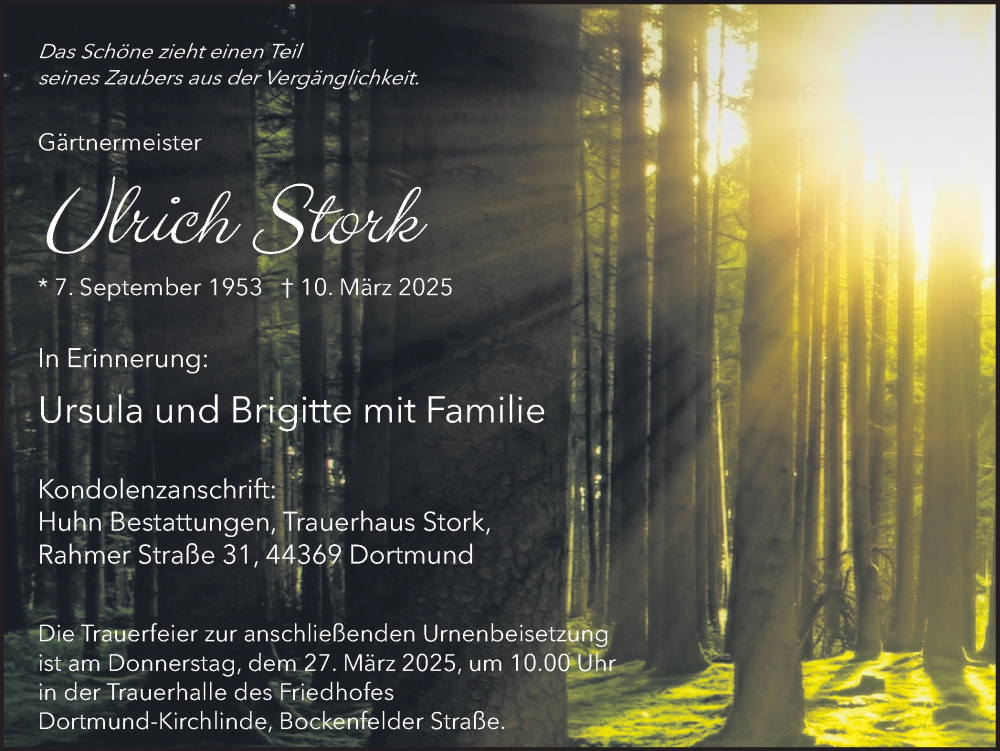  Traueranzeige für Ulrich Stork vom 22.03.2025 aus Ruhr Nachrichten