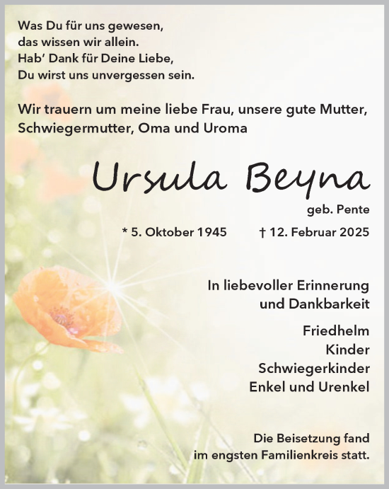 Traueranzeige von Ursula Beyna von Stadtanzeiger Castrop-Rauxel