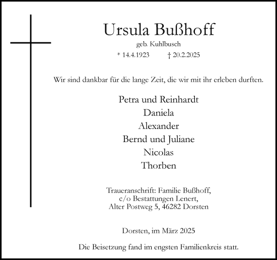 Traueranzeige von Ursula Bußhoff von Ruhr Nachrichten und Dorstener Zeitung