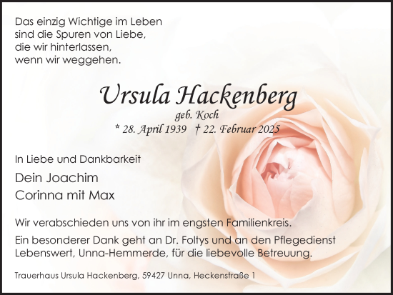 Traueranzeige von Ursula Hackenberg von Hellweger Anzeiger