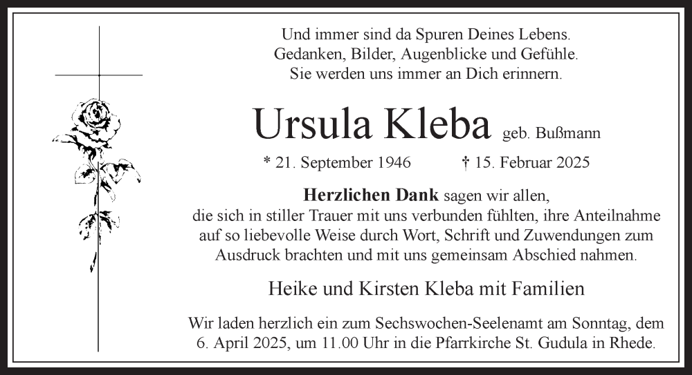  Traueranzeige für Ursula Kleba vom 29.03.2025 aus 