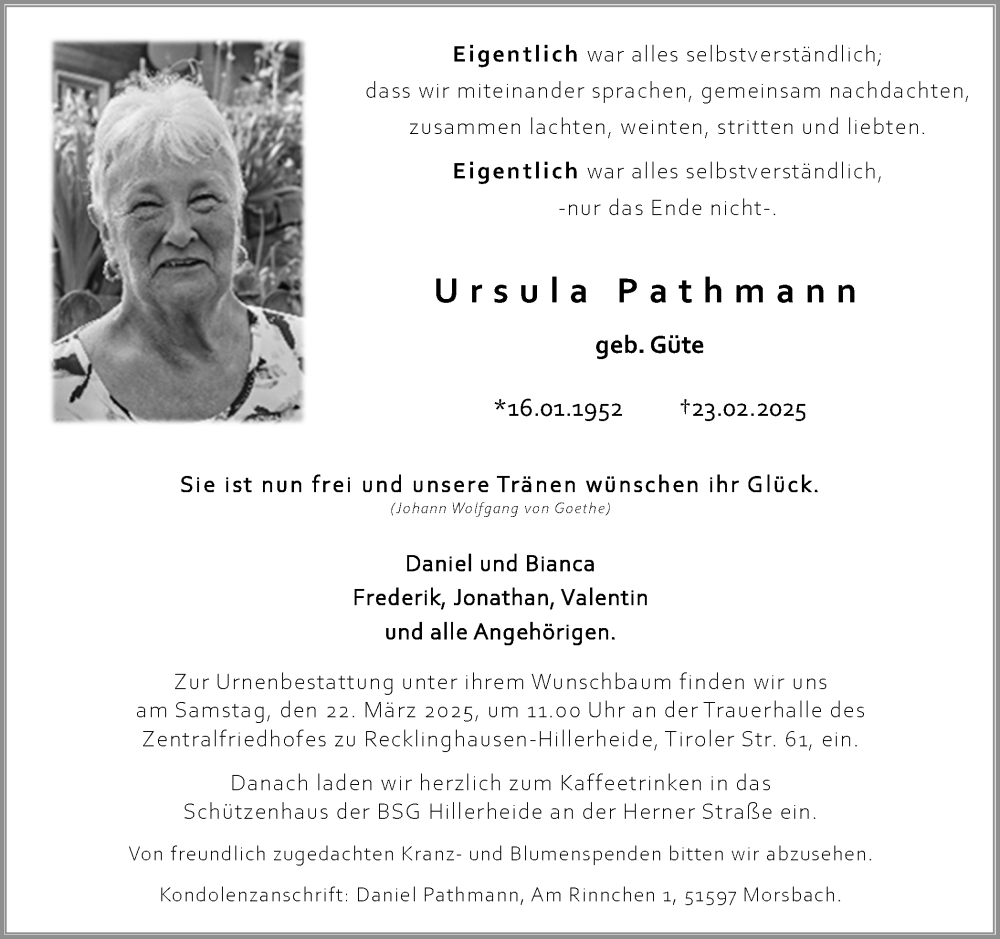  Traueranzeige für Ursula Pathmann vom 15.03.2025 aus Trauer Vest