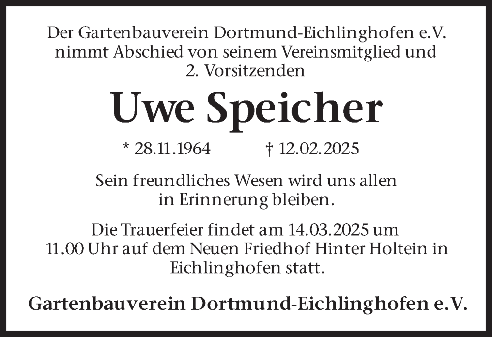  Traueranzeige für Uwe Speicher vom 08.03.2025 aus Ruhr Nachrichten