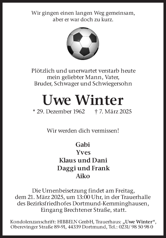  Traueranzeige für Uwe Winter vom 15.03.2025 aus Ruhr Nachrichten