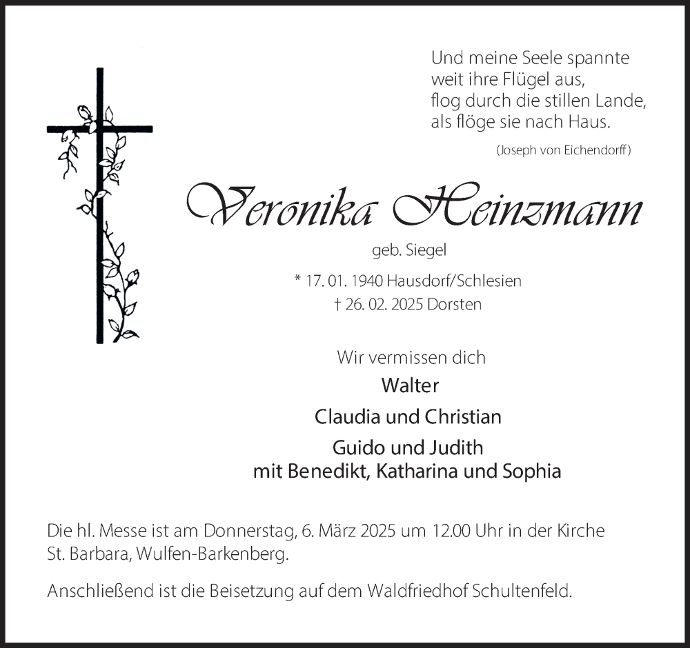 Traueranzeige für Veronika Heinzmann vom 01.03.2025 aus Ruhr Nachrichten und Dorstener Zeitung