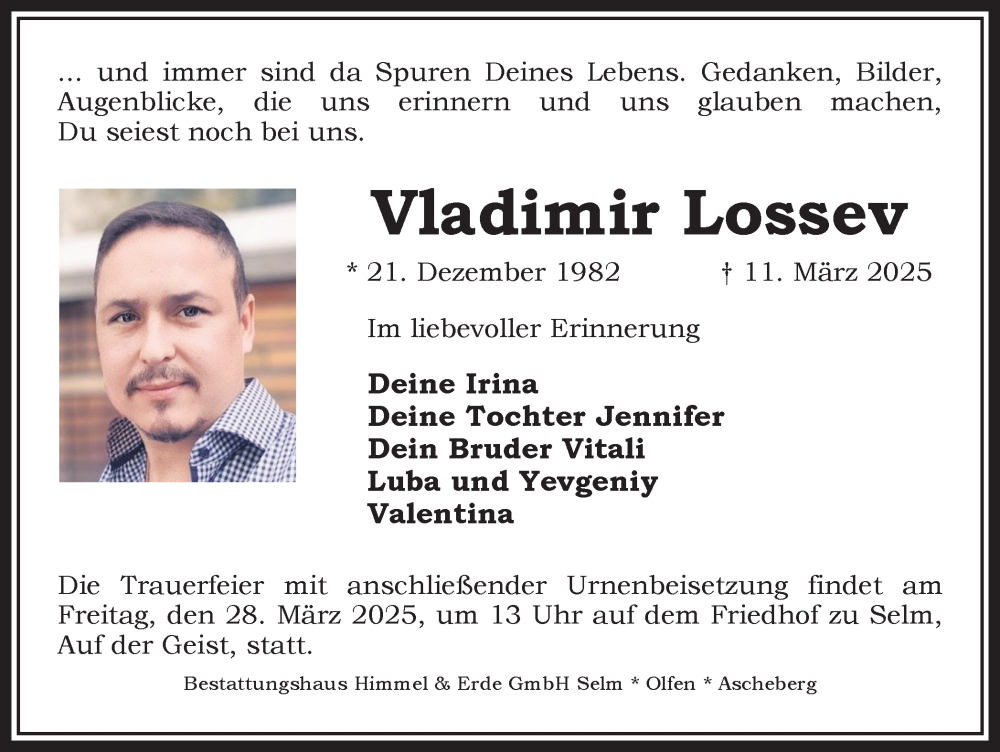  Traueranzeige für Vladimir Lossev vom 22.03.2025 aus Ruhr Nachrichten