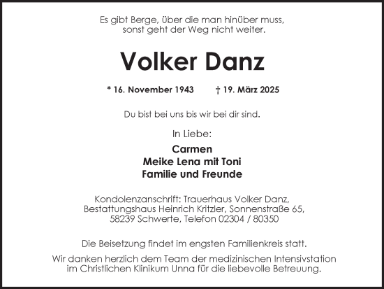 Traueranzeige von Volker Danz von Ruhr Nachrichten