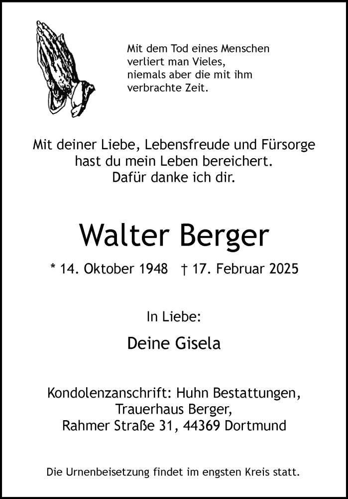  Traueranzeige für Walter Berger vom 01.03.2025 aus Ruhr Nachrichten