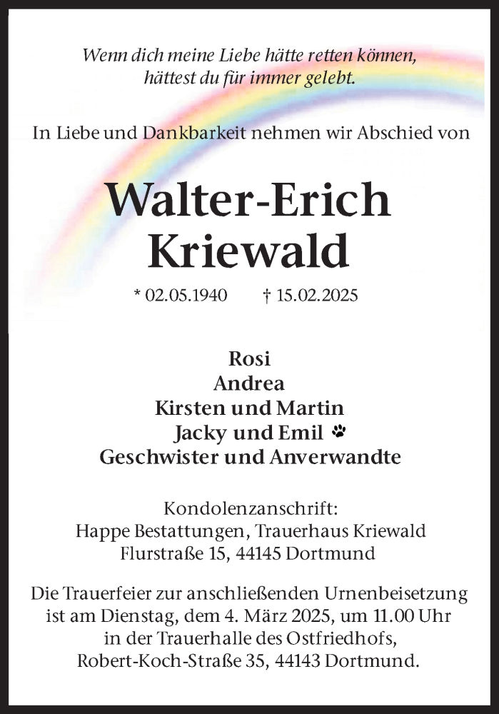  Traueranzeige für Walter-Erich Kriewald vom 01.03.2025 aus Ruhr Nachrichten