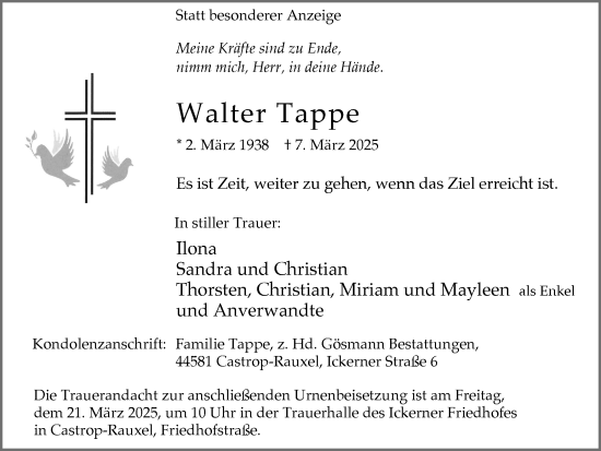 Traueranzeige von Walter Tappe von Stadtanzeiger Castrop-Rauxel
