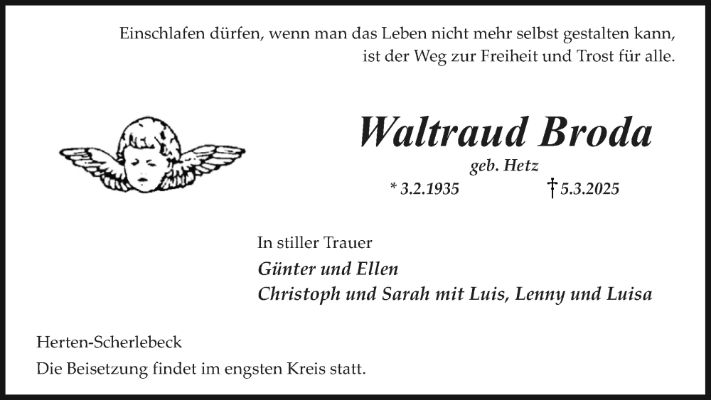  Traueranzeige für Waltraud Broda vom 15.03.2025 aus Trauer Vest