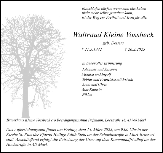 Traueranzeige von Waltraud Kleine Vossbeck von Trauer Vest