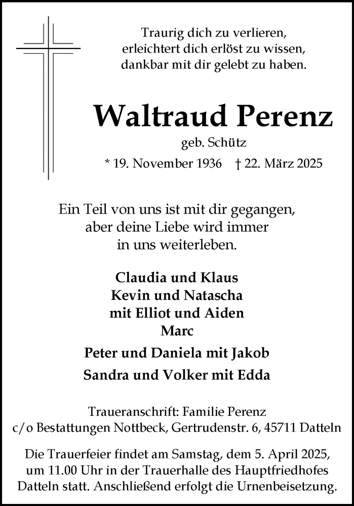  Traueranzeige für Waltraud Perenz vom 29.03.2025 aus Trauer Vest
