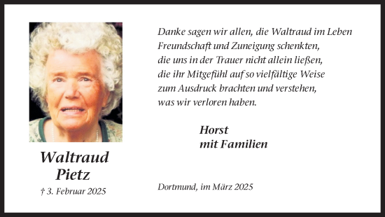 Traueranzeige von Waltraud Pietz von Ruhr Nachrichten