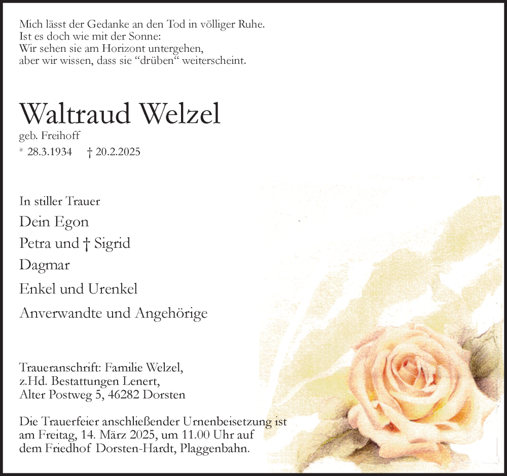  Traueranzeige für Waltraud Welzel vom 04.03.2025 aus Ruhr Nachrichten und Dorstener Zeitung