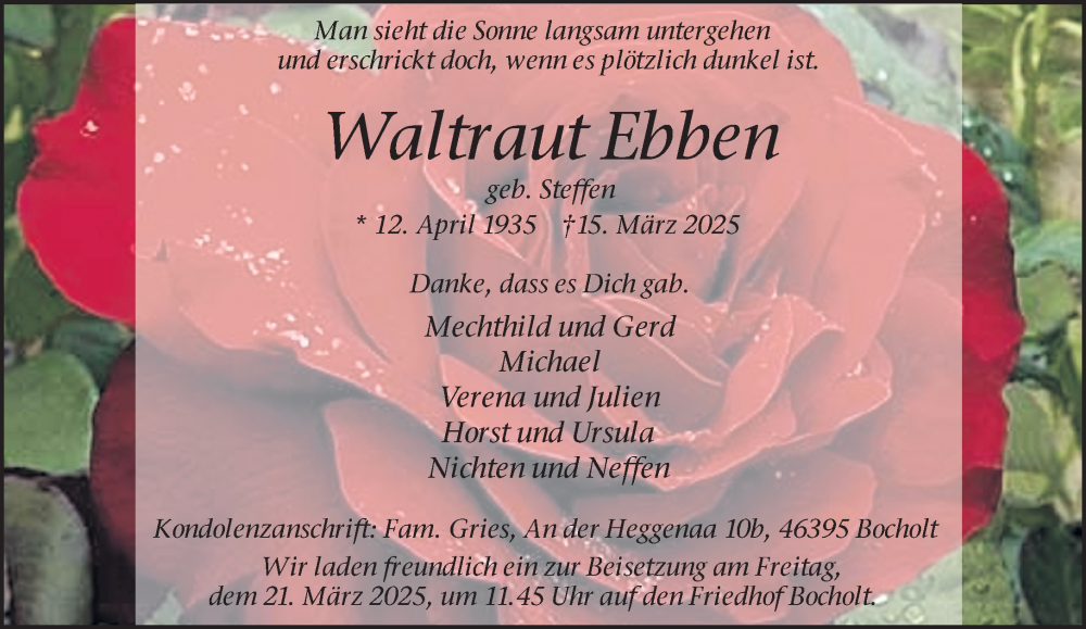  Traueranzeige für Waltraut Ebben vom 19.03.2025 aus 