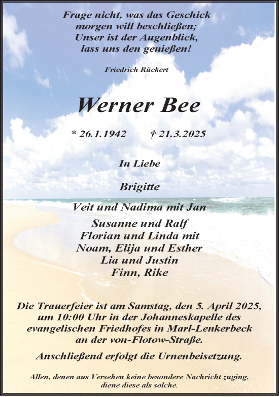 Traueranzeige von Werner Bee von Trauer Vest