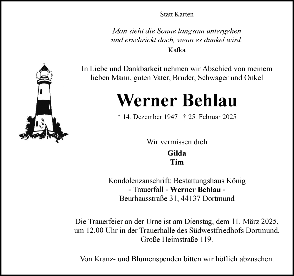  Traueranzeige für Werner Behlau vom 08.03.2025 aus Ruhr Nachrichten
