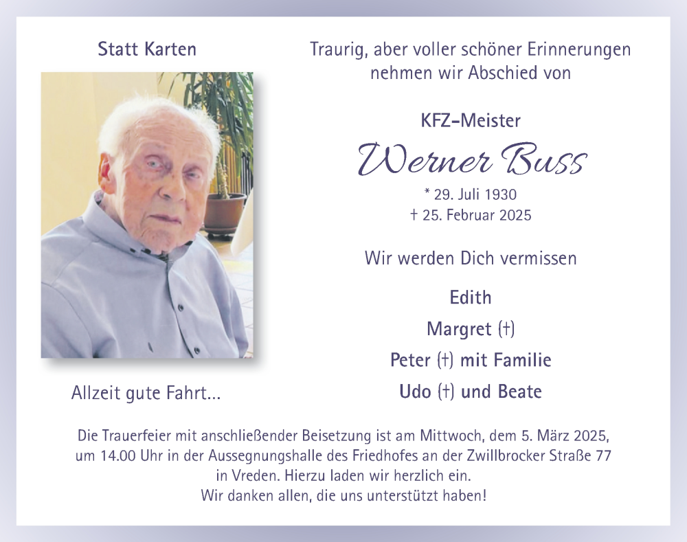  Traueranzeige für Werner Buss vom 01.03.2025 aus Münsterland Zeitung