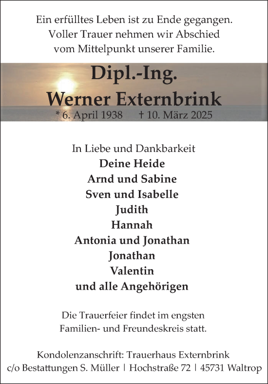 Traueranzeige von Werner Externbrink von Trauer Vest