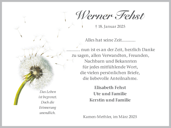 Traueranzeige von Werner Fehst von Hellweger Anzeiger