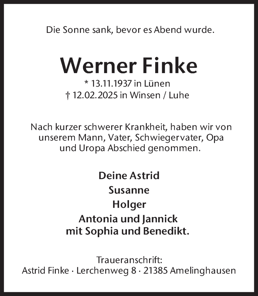  Traueranzeige für Werner Finke vom 15.03.2025 aus Ruhr Nachrichten