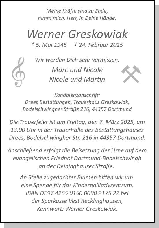 Traueranzeige von Werner Greskowiak von Ruhr Nachrichten