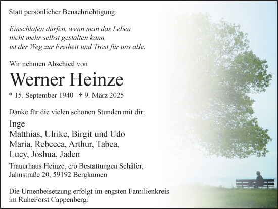Traueranzeige von Werner Heinze von Hellweger Anzeiger