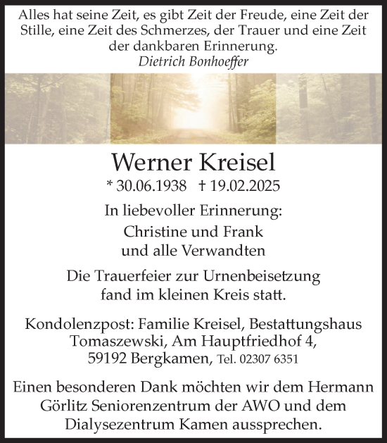 Traueranzeige von Werner Kreisel von Hellweger Anzeiger