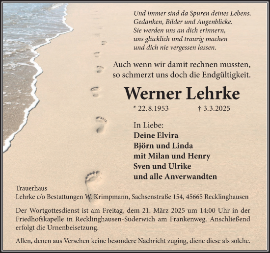 Traueranzeige von Werner Lehrke von Trauer Vest