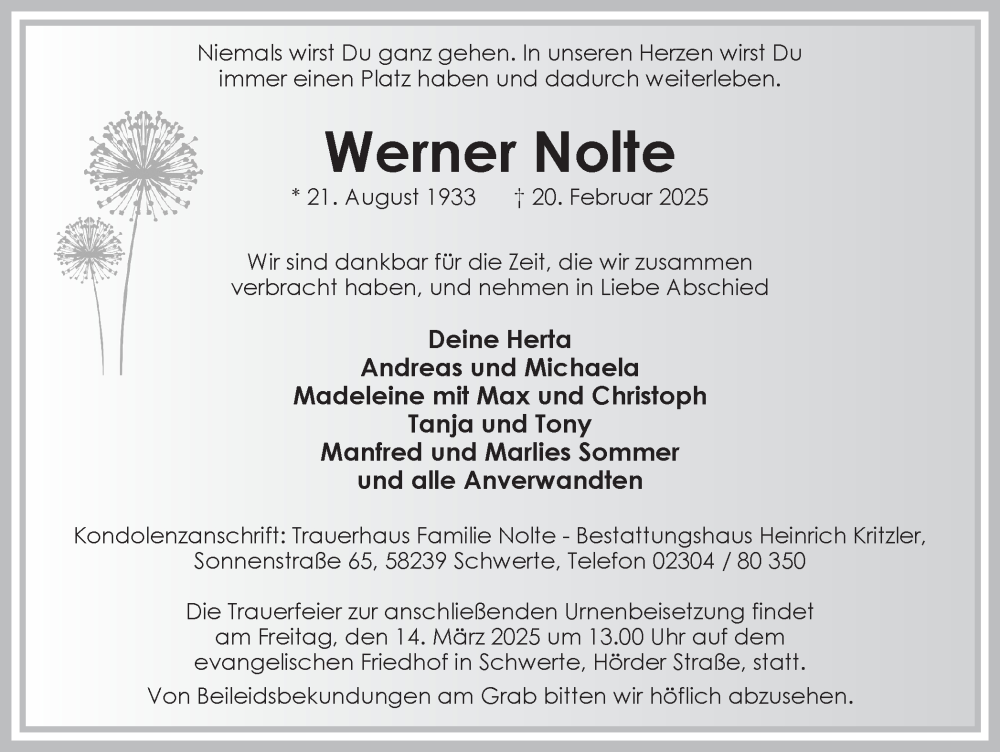  Traueranzeige für Werner Nolte vom 08.03.2025 aus Ruhr Nachrichten