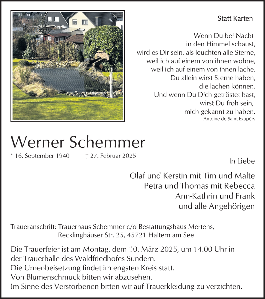  Traueranzeige für Werner Schemmer vom 01.03.2025 aus Ruhr Nachrichten und Halterner Zeitung