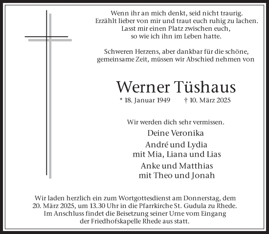 Traueranzeige von Werner Tüshaus 
