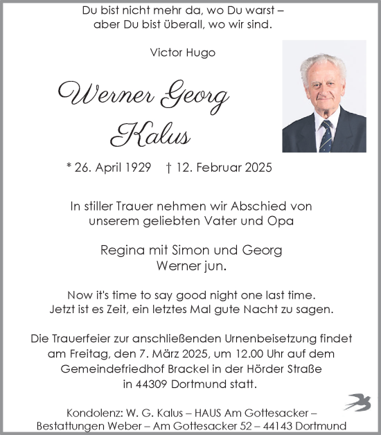 Traueranzeige von Werner Georg Kalus von Ruhr Nachrichten