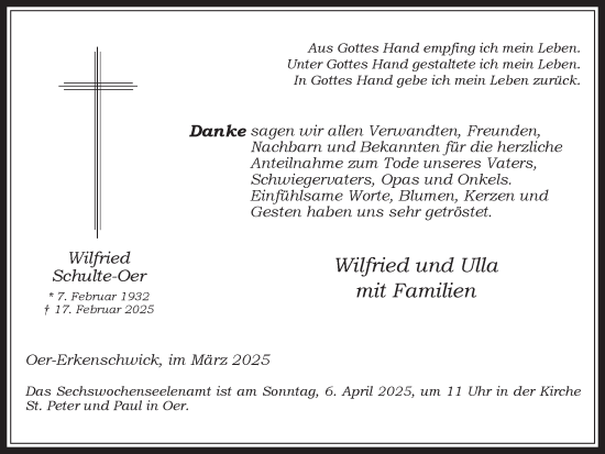 Traueranzeige von Wilfried Schulte-Oer von Trauer Vest