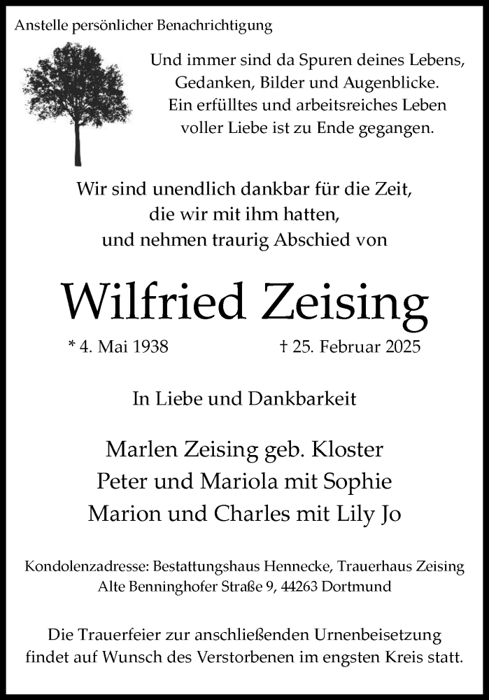  Traueranzeige für Wilfried Zeising vom 08.03.2025 aus Ruhr Nachrichten