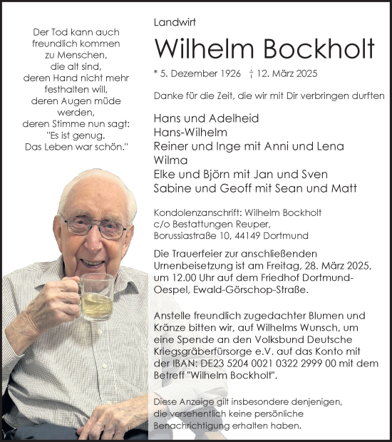 Traueranzeige von Wilhelm Bockholt von Ruhr Nachrichten