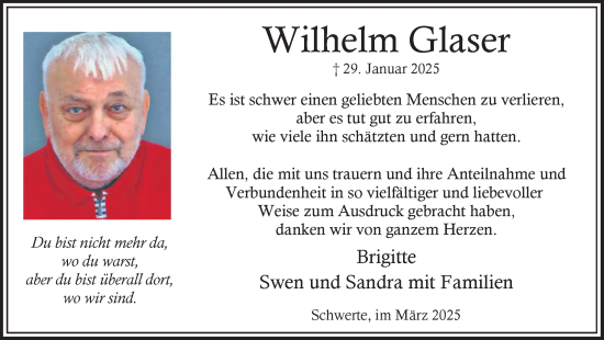 Traueranzeige von Wilhelm Glaser von Ruhr Nachrichten