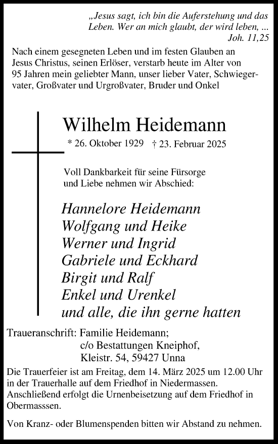 Traueranzeige von Wilhelm Heidemann von Hellweger Anzeiger