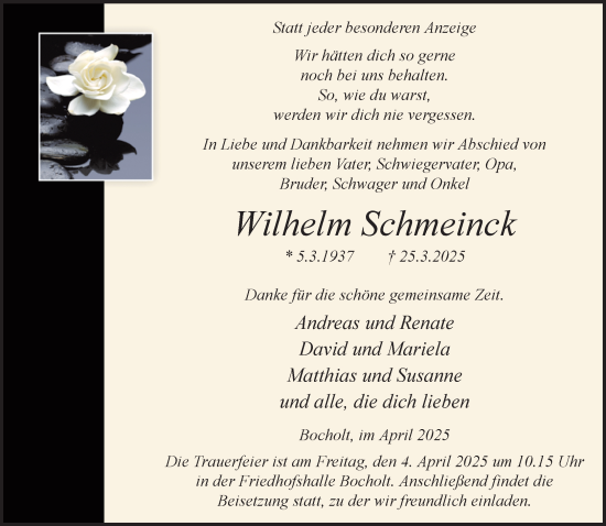Traueranzeige von Wilhelm Schmeinck 