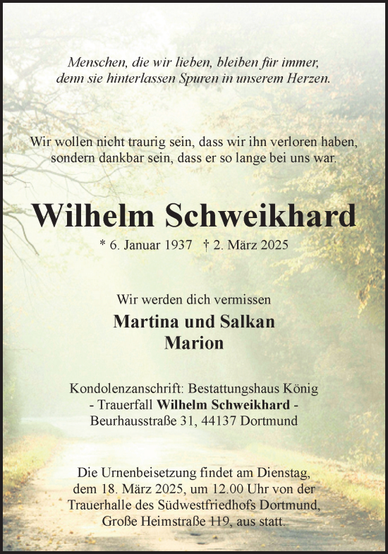 Traueranzeige von Wilhelm Schweikhard von Ruhr Nachrichten