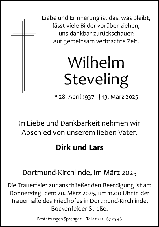 Traueranzeige von Wilhelm Steveling von Ruhr Nachrichten