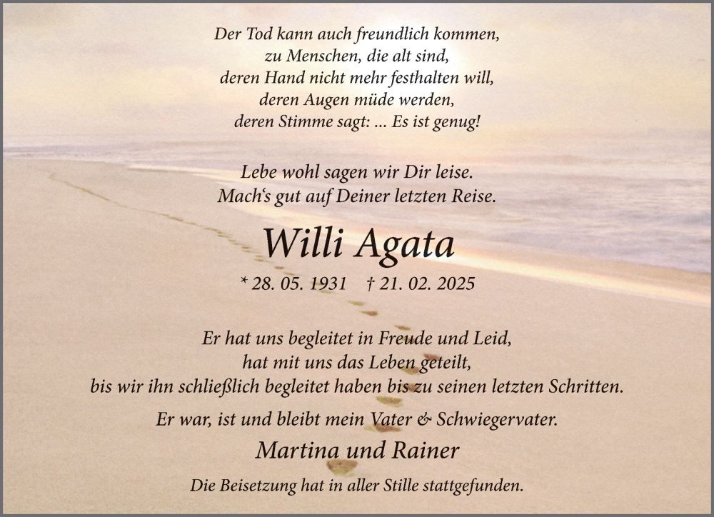  Traueranzeige für Willi Agata vom 15.03.2025 aus 