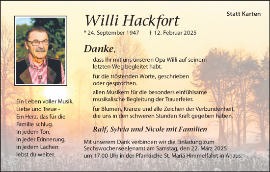 Traueranzeige von Willi Hackfort von Münsterland Zeitung