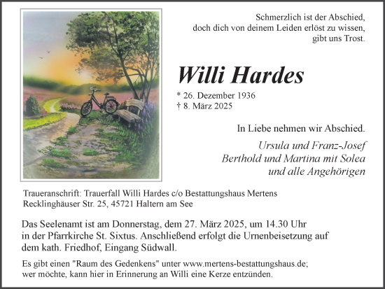 Traueranzeige von Willi Hardes von Ruhr Nachrichten und Halterner Zeitung