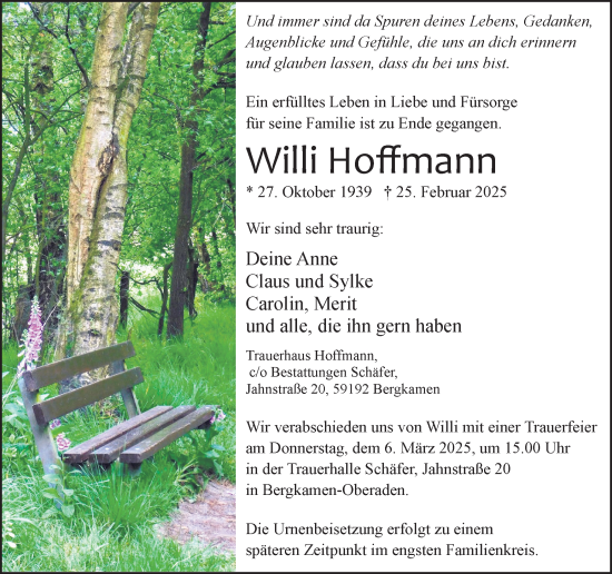 Traueranzeige von Willi Hoffmann von Hellweger Anzeiger