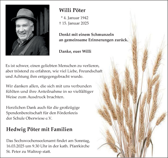 Traueranzeige von Willi Pöter von Trauer Vest