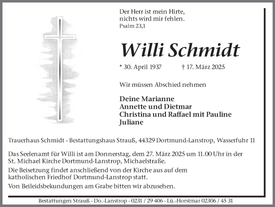 Traueranzeige von Willi Schmidt von Ruhr Nachrichten